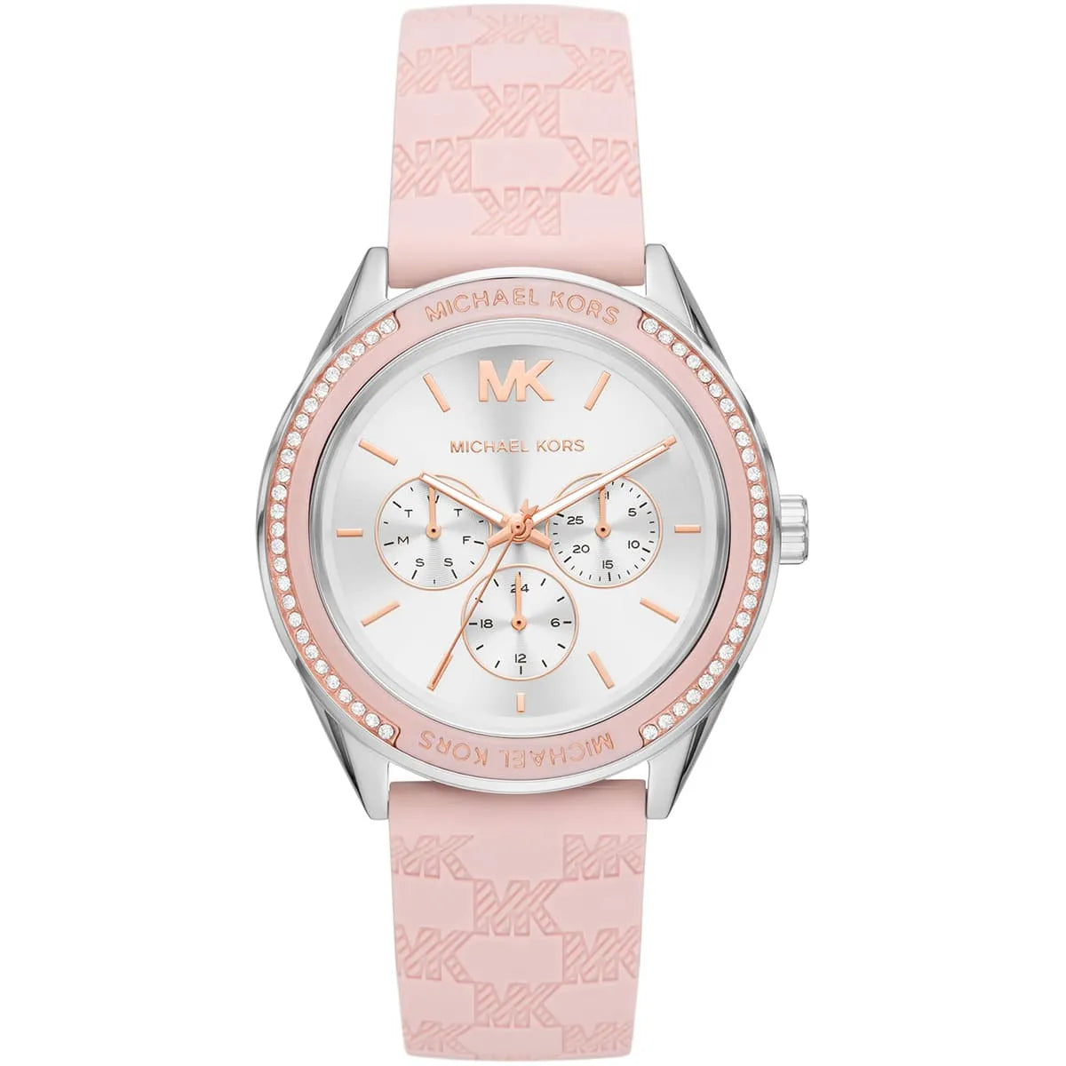 Michael Kors Jessa MK7268 women's silver dial pink leather strap watch front view