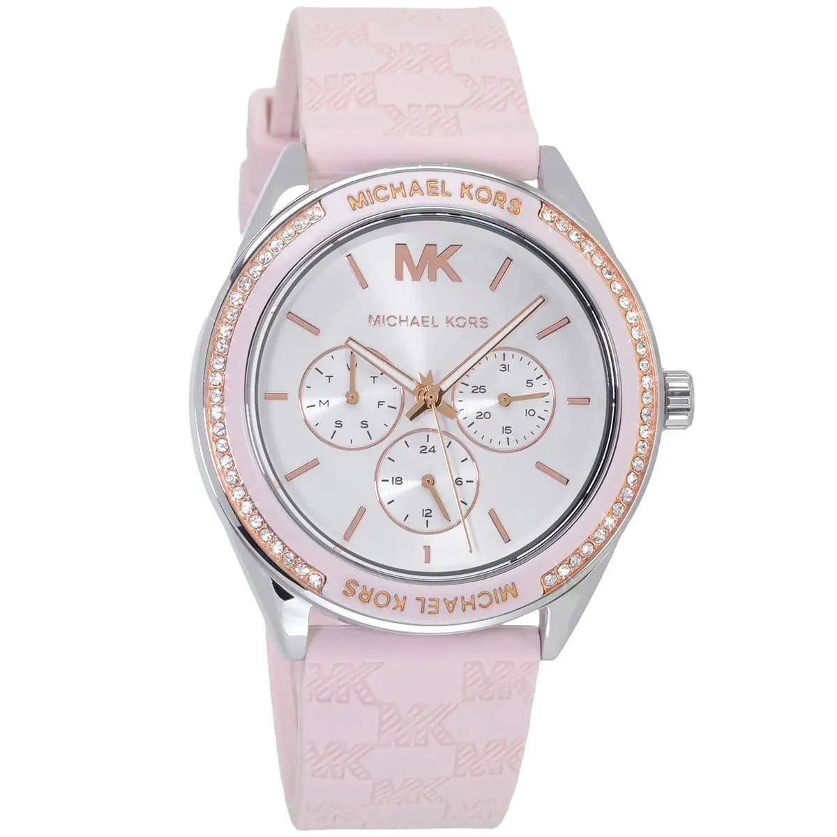 Close-up of Michael Kors MK7268 silver analog dial with monthly and weekly date display