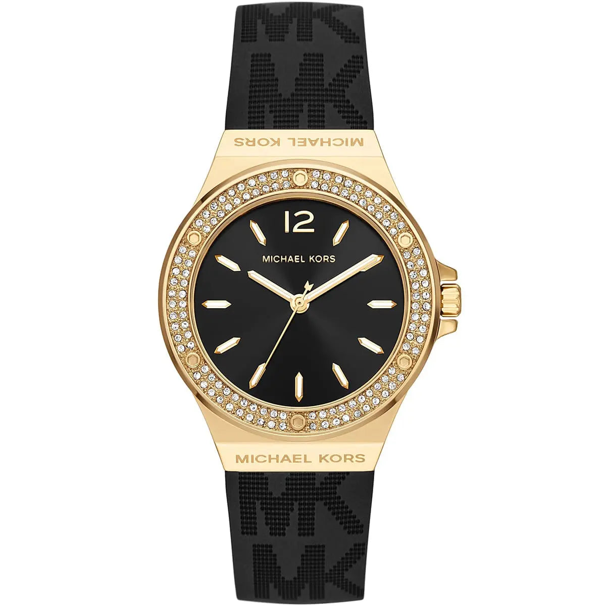 Michael Kors Lennox MK7281 women's black dial black silicone strap watch front view