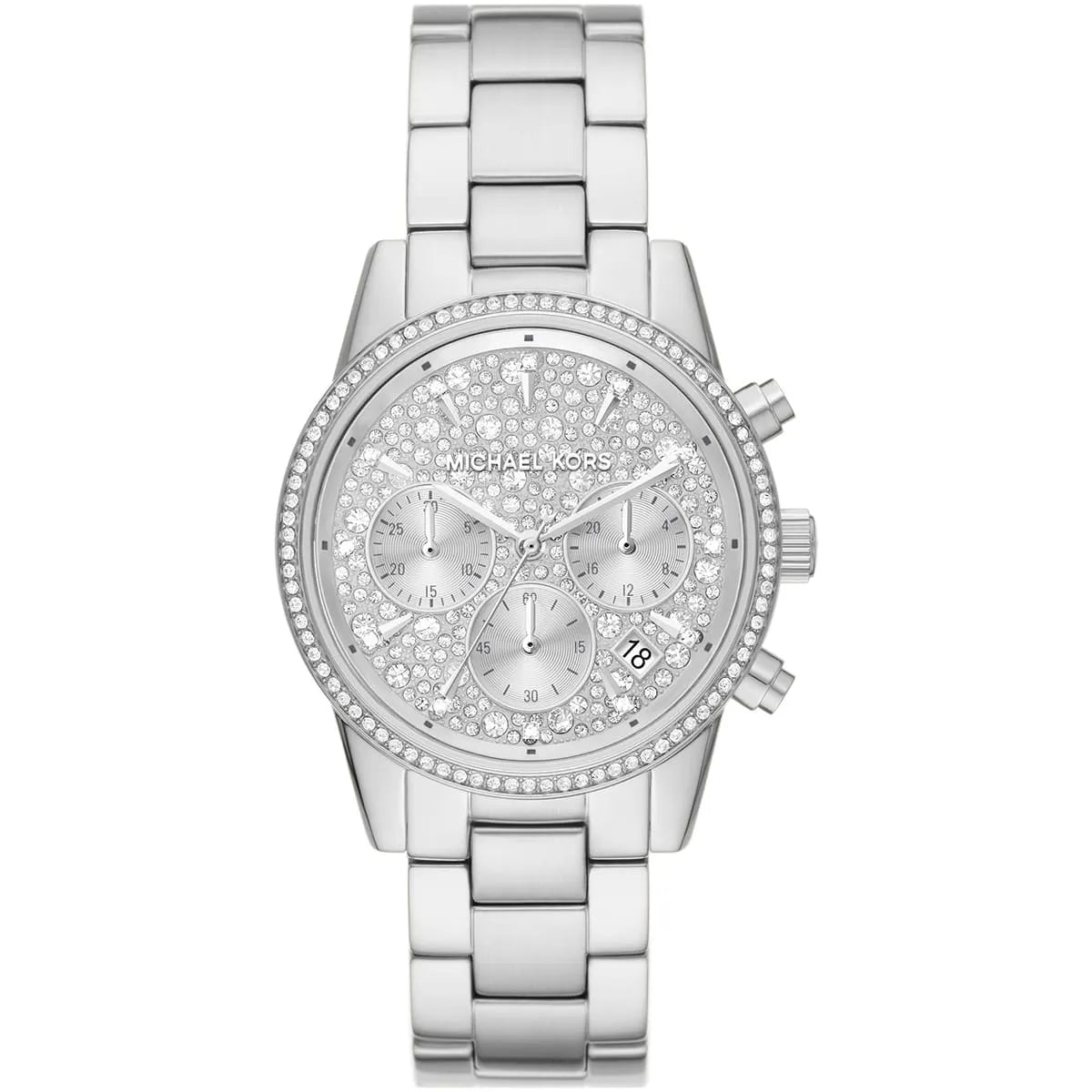 Michael Kors Ritz MK7301 women's silver dial silver stainless steel chronograph watch front view