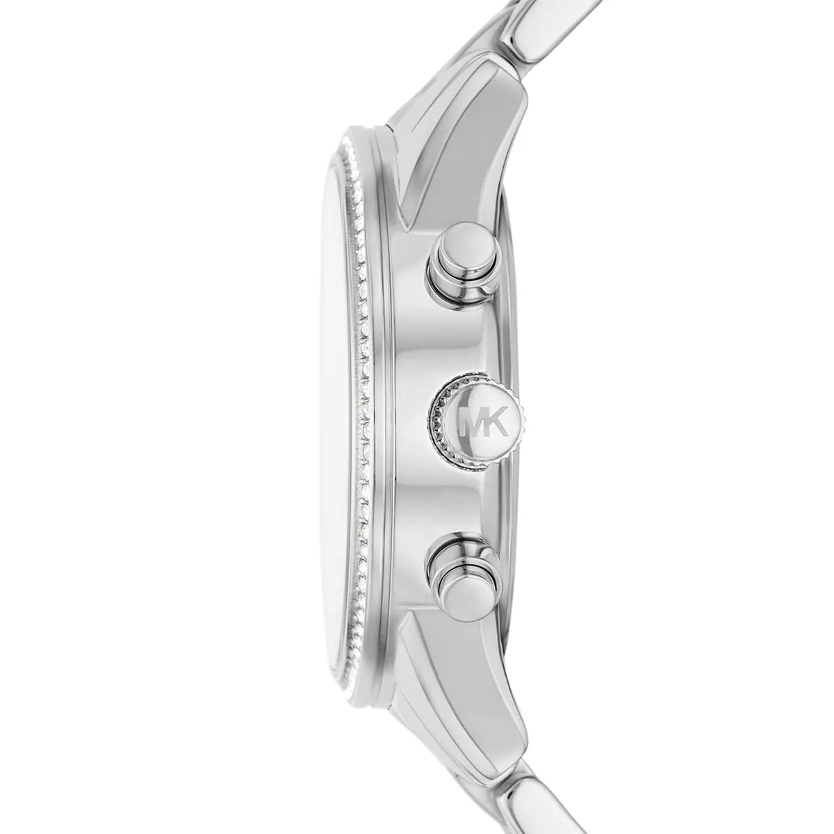 Side profile of Michael Kors Ritz MK7301 silver stainless steel bracelet watch