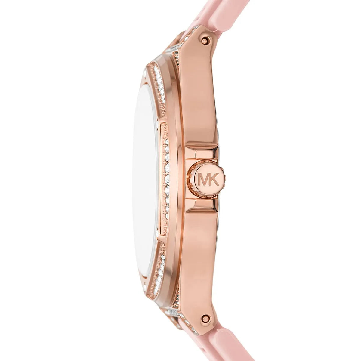 Side profile of Michael Kors Camille MK7334 pink rubber strap watch