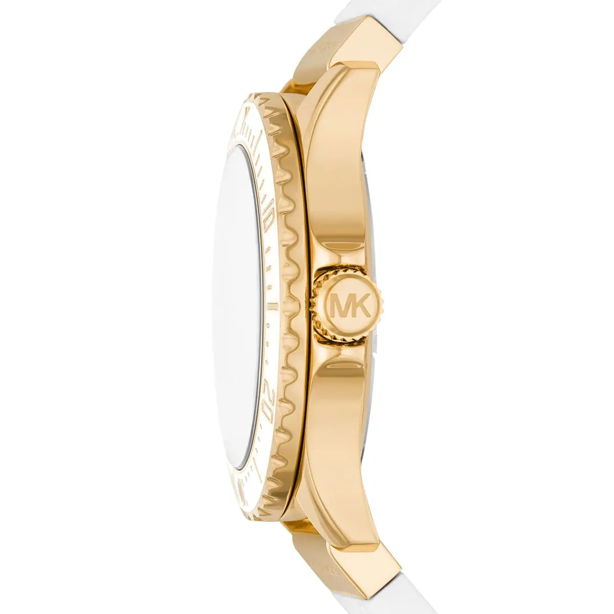 Side profile of Michael Kors Runway MK7357 white rubber strap watch