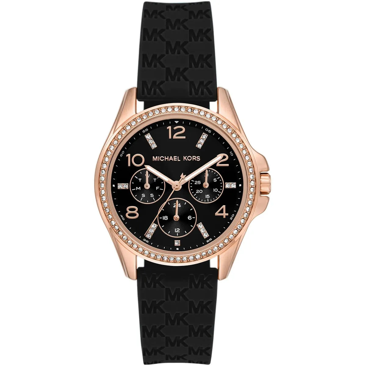 Michael Kors Mini Pilot MK7373 women's black dial black silicone watch front view