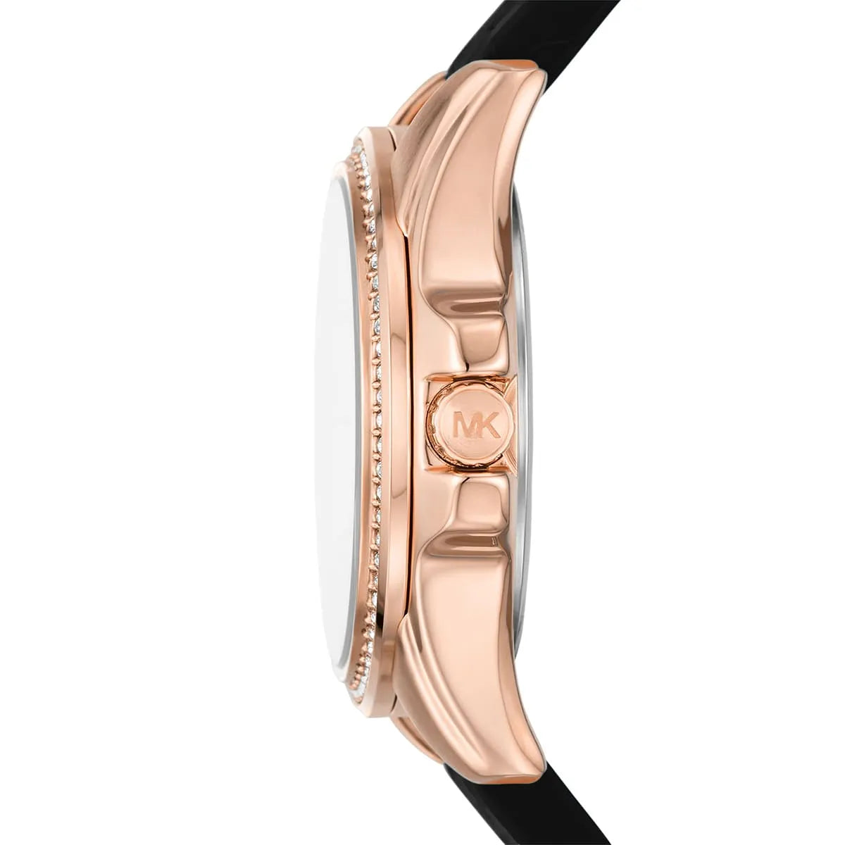 Side profile of Michael Kors Mini Pilot MK7373 black silicone strap watch