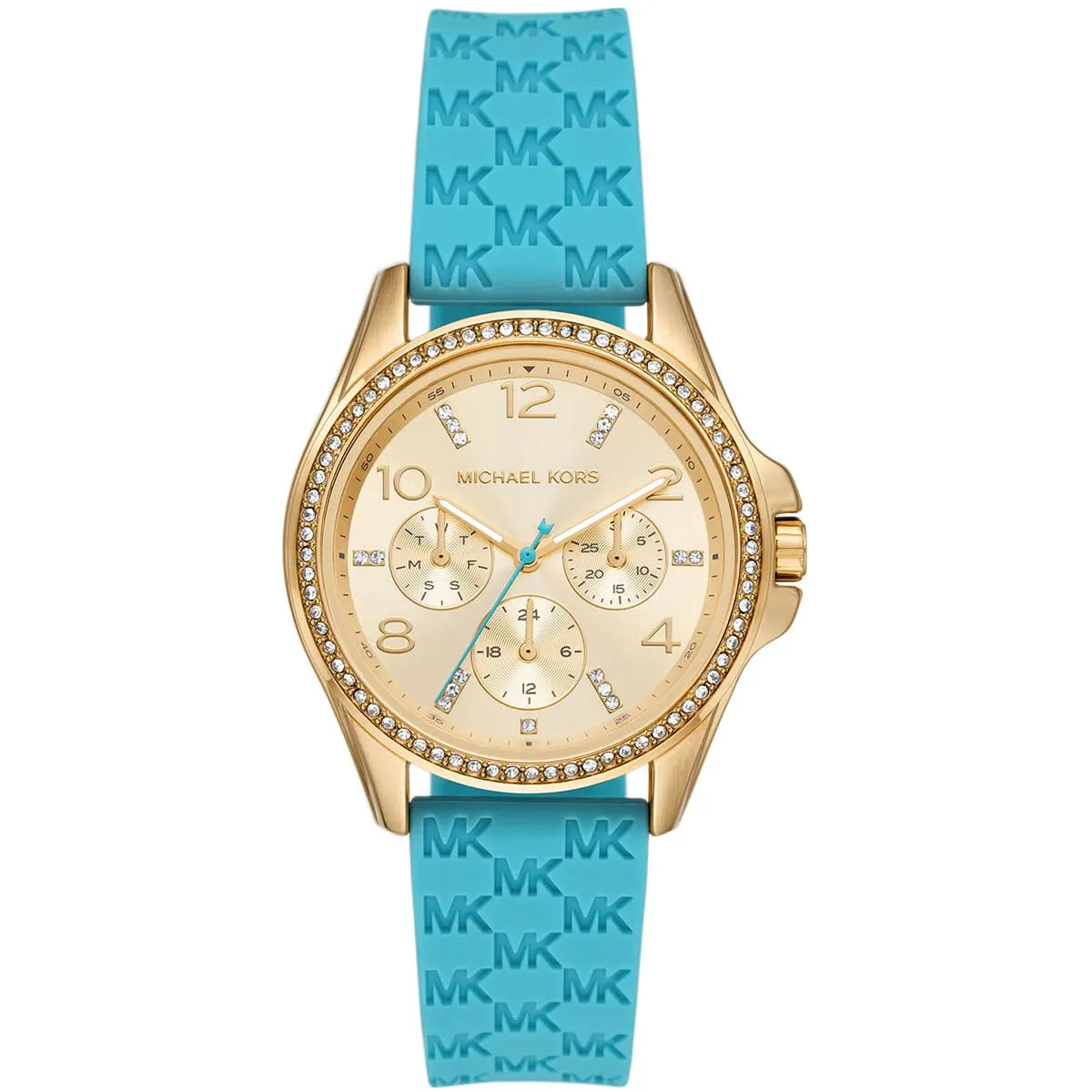 Michael Kors Mini Pilot MK7374 women's gold dial blue silicone watch front view
