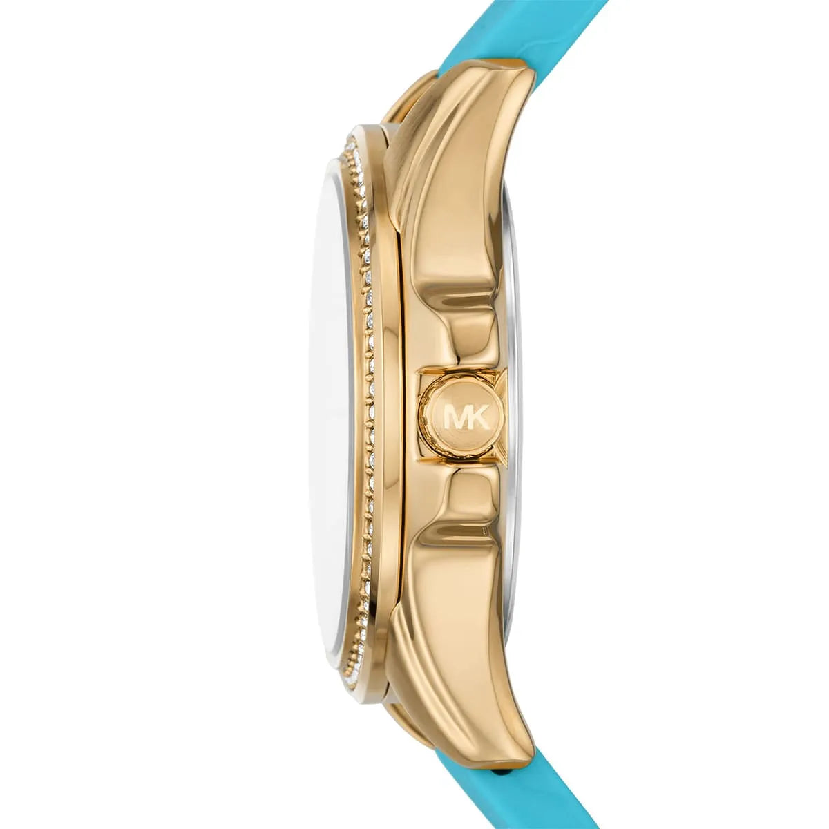Side profile of Michael Kors Mini Pilot MK7374 blue silicone strap watch