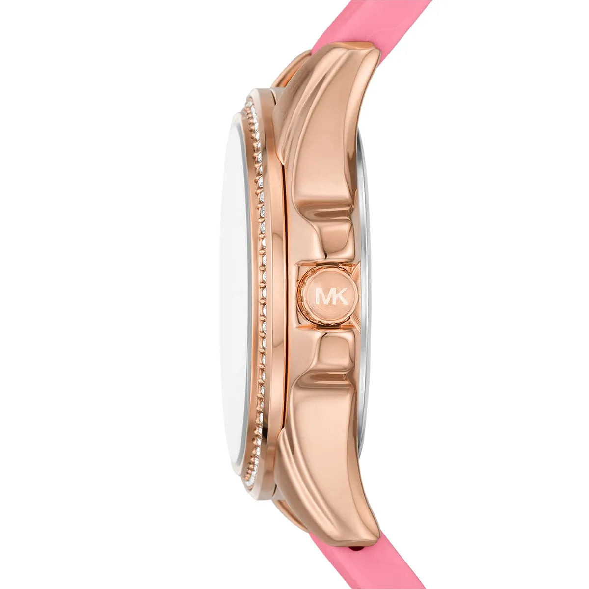 Side profile of Michael Kors Mini Pilot MK7375 pink silicone strap watch