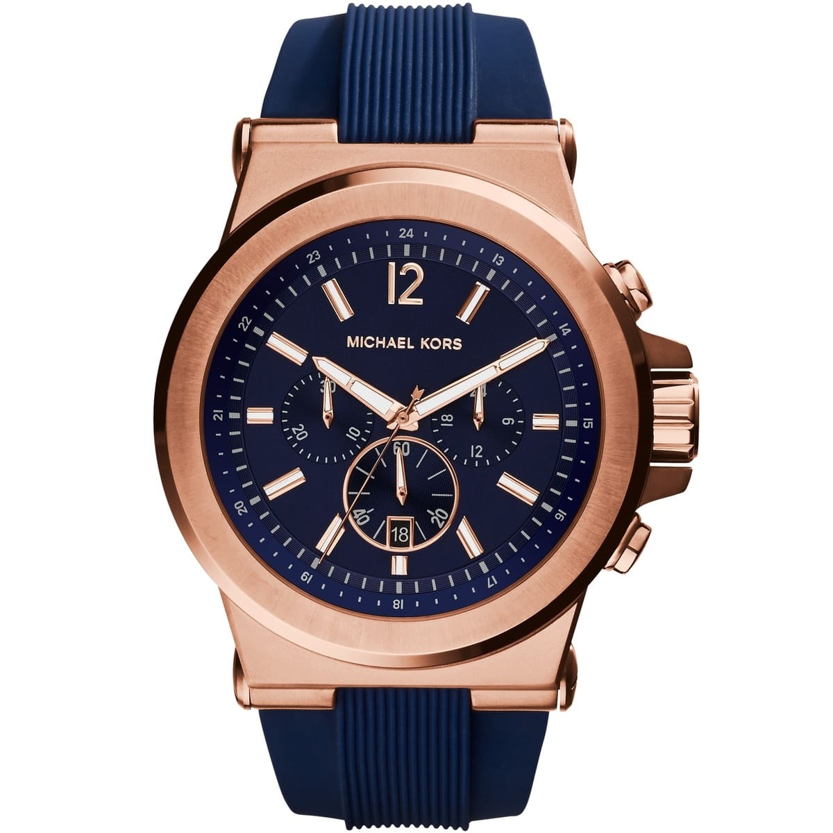 Michael Kors Dylan MK8295 men's blue dial blue rubber chronograph watch front view