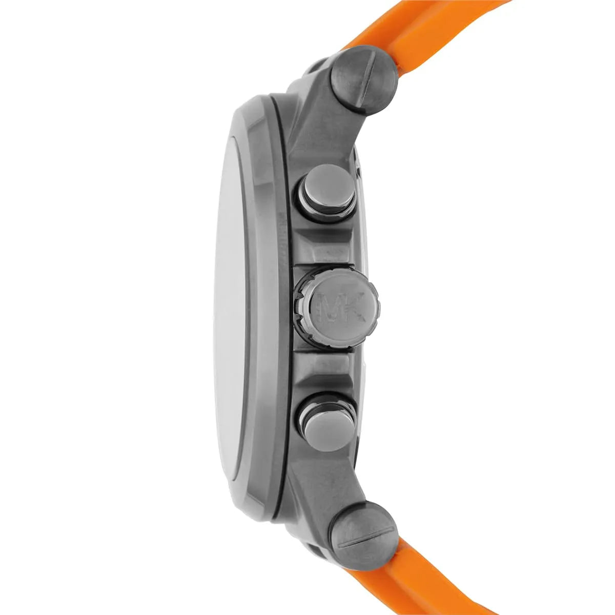 Side profile of Michael Kors Dylan MK8296 orange silicone rubber strap watch