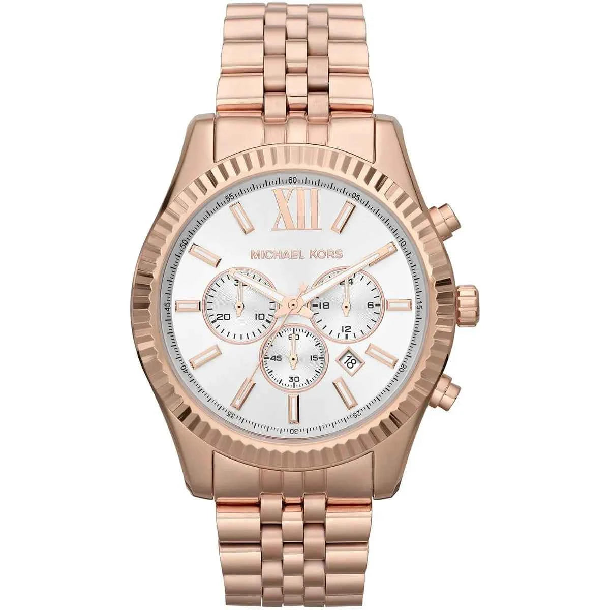 Michael Kors Lexington MK8313 Unisex Silver Dial Rose Gold Stainless Steel Chronograph Watch