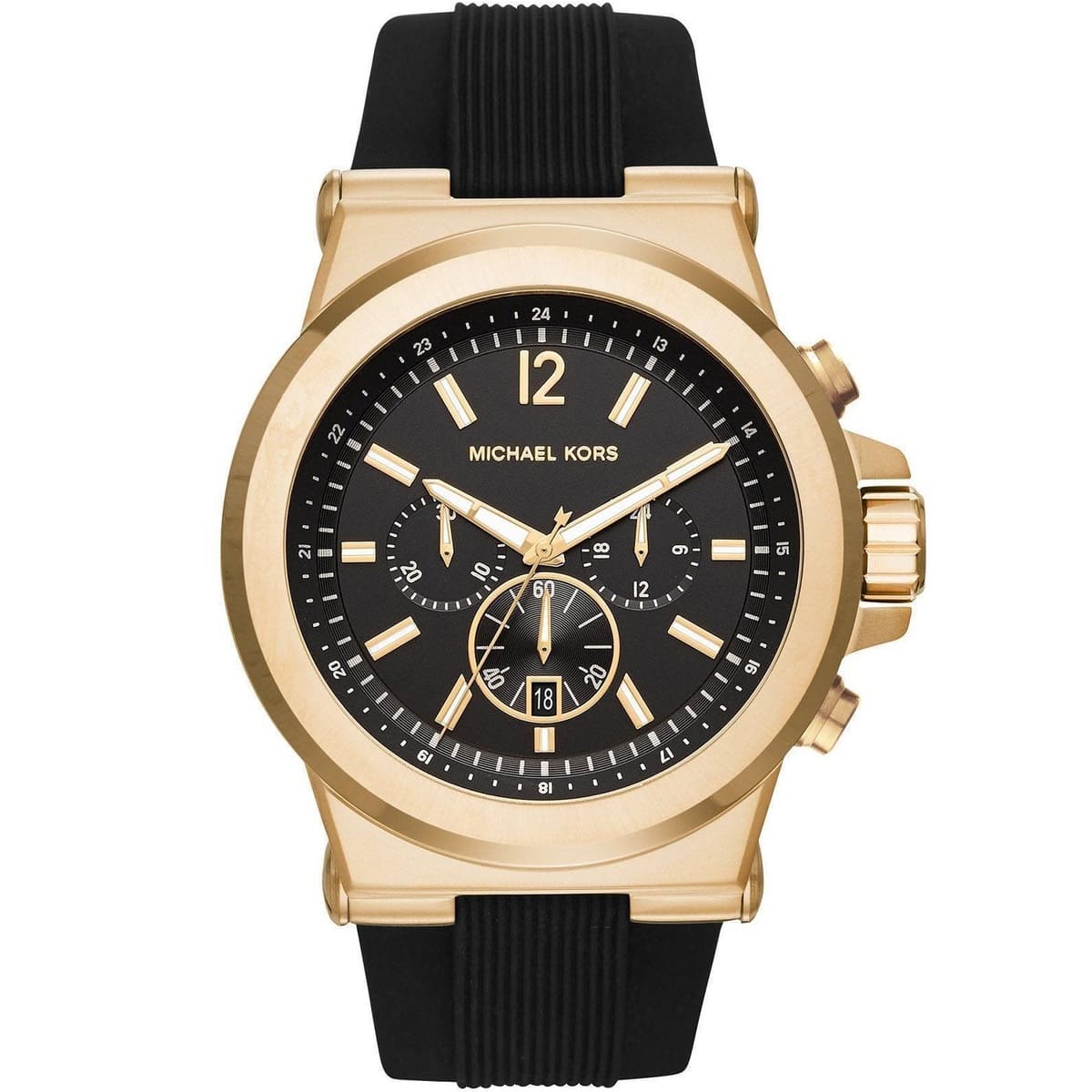 Michael Kors Dylan MK8445 men's black dial black rubber chronograph watch front view