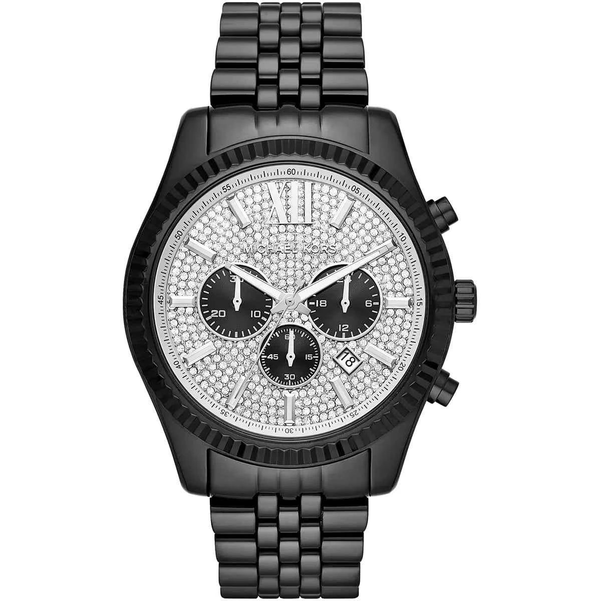 Michael Kors Lexington MK8605 Men's Silver Dial Black Stainless Steel Chronograph Watch