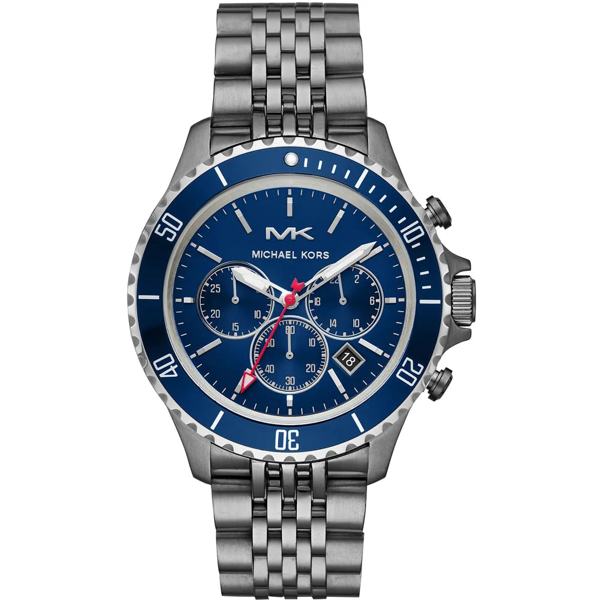 Michael Kors Bayville MK8727 men's blue dial gray stainless steel chronograph watch front view