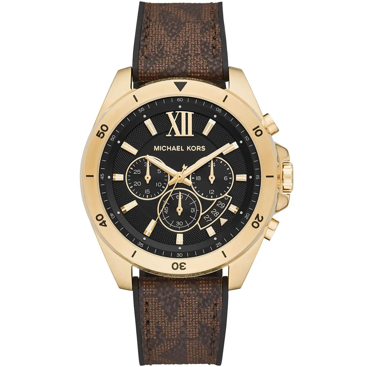 Michael Kors Brecken MK8849 men's black dial brown polyurethane chronograph watch front view