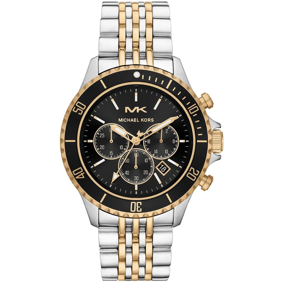 Michael Kors Bayville MK8872 men's black dial two-tone stainless steel chronograph watch front view