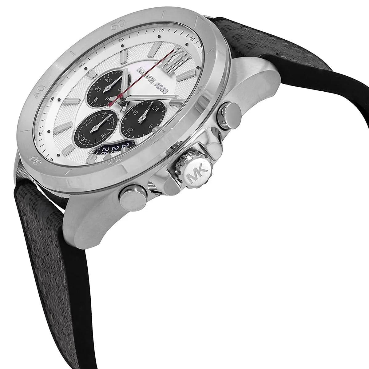 Close-up of Michael Kors MK8922 silver chronograph dial with gray rubber strap