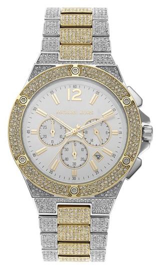 Close-up of Michael Kors MK9150 white sunray dial with pavé crystal bezel and chronograph sub-dials