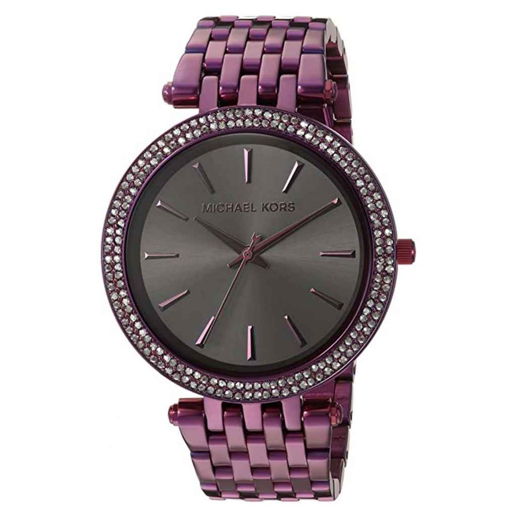 Michael Kors Darci MK3554 women's black dial purple stainless steel watch front view