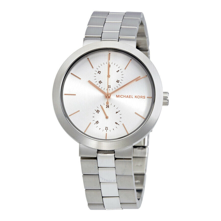 Close-up of Michael Kors MK6407 silver dial with rose gold-tone markers and stainless steel bracelet