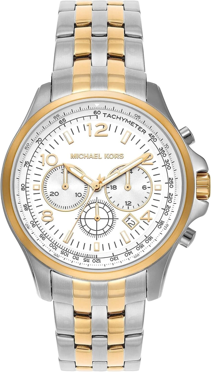 Michael Kors Pilot MK9126 men's white dial two-tone chronograph watch front view