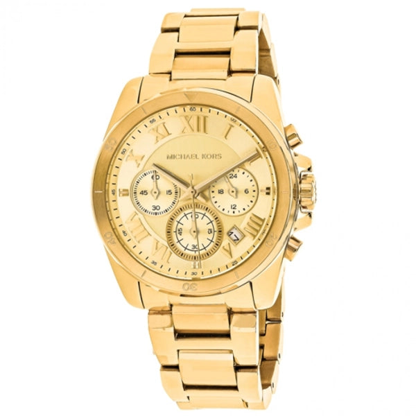 Close-up of Michael Kors MK6366 gold chronograph dial with gold-tone stainless steel bracelet