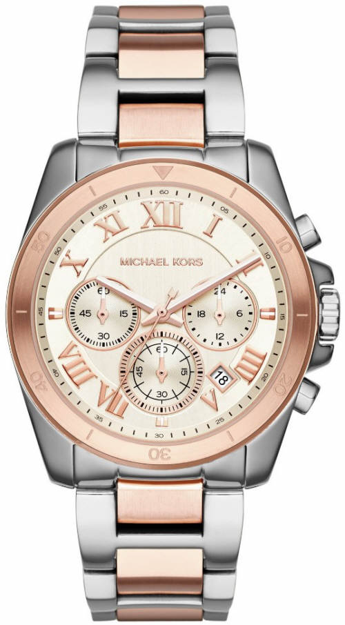 Michael Kors Brecken MK6368 women's white chronograph dial rose gold and silver stainless steel watch front view