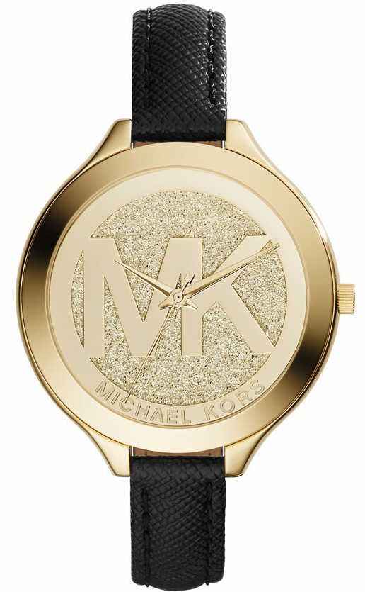 Michael Kors Slim Runway MK2392 Women's Gold Dial Black Leather Watch
