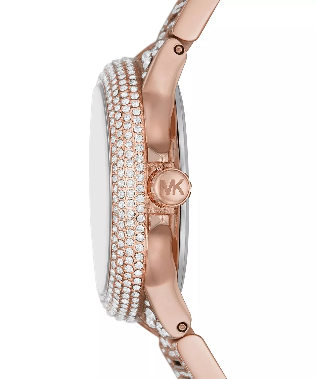 Side profile of Michael Kors Camille MK6997 rose gold stainless steel bracelet watch