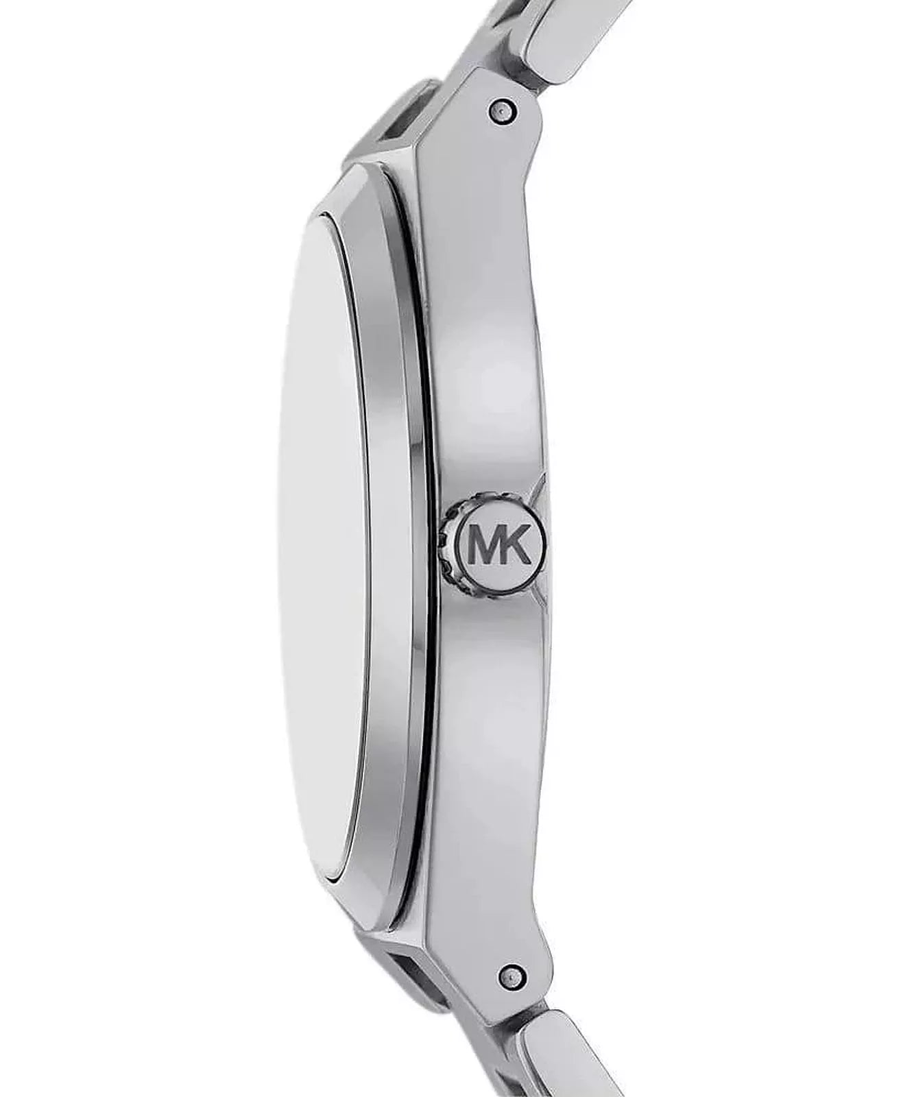 Side profile of Michael Kors Lennox MK7393 silver stainless steel bracelet watch