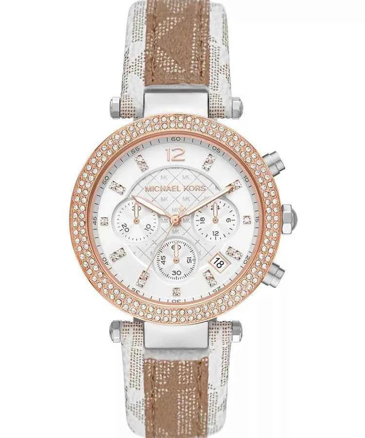Michael Kors Parker MK6950 Women's White Dial Brown Strap Chronograph Watch
