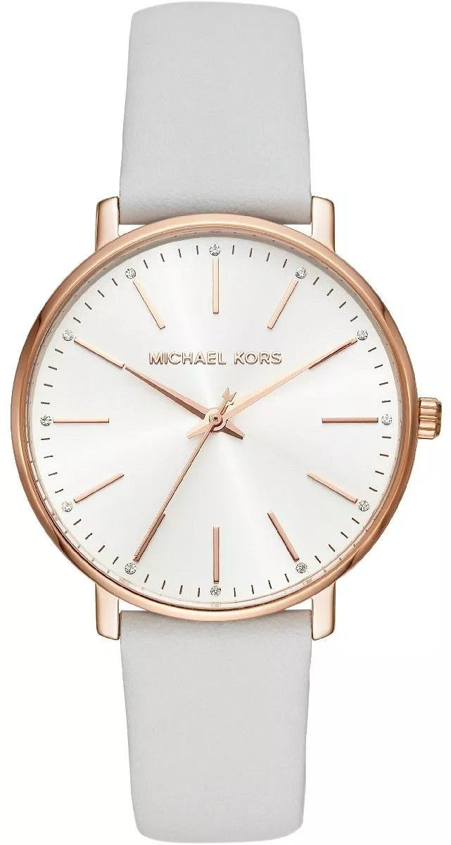Michael Kors Pyper MK2800 women's silver dial white leather watch front view