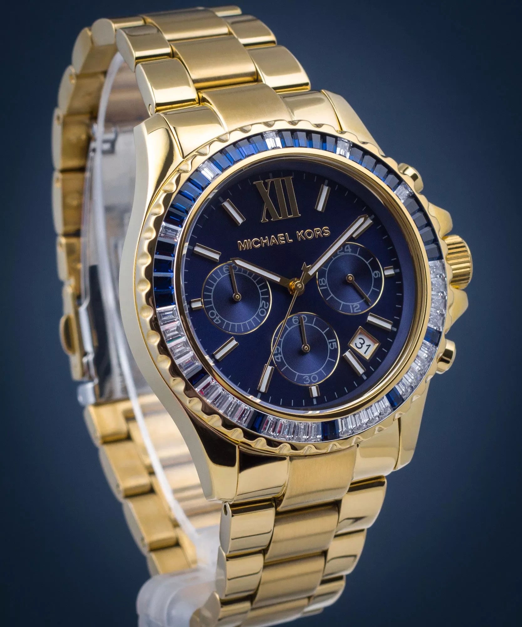 Close-up of Michael Kors MK6971 blue chronograph dial with crystal bezel