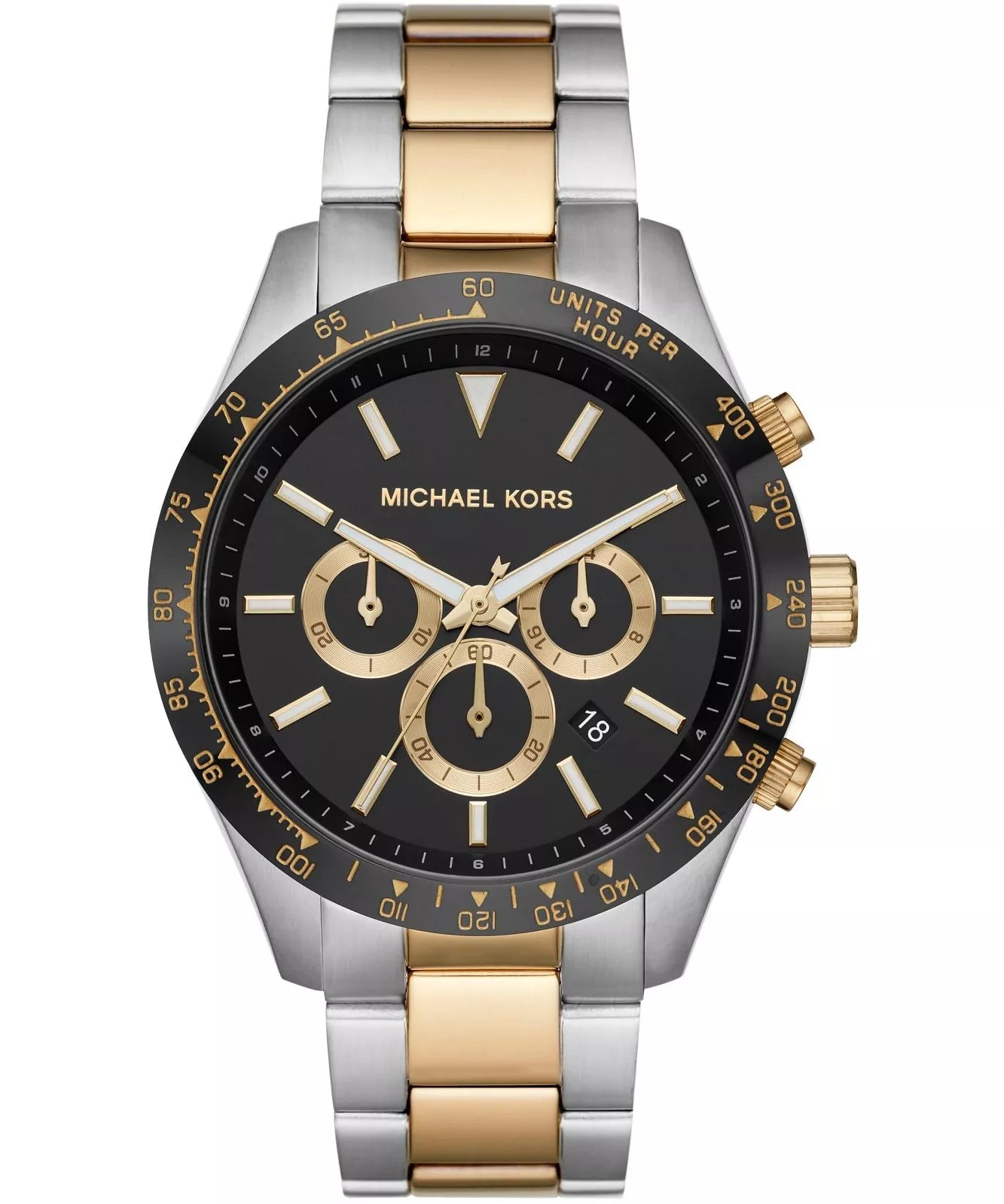 Michael Kors Layton MK8784 men's black dial two-tone stainless steel chronograph watch front view
