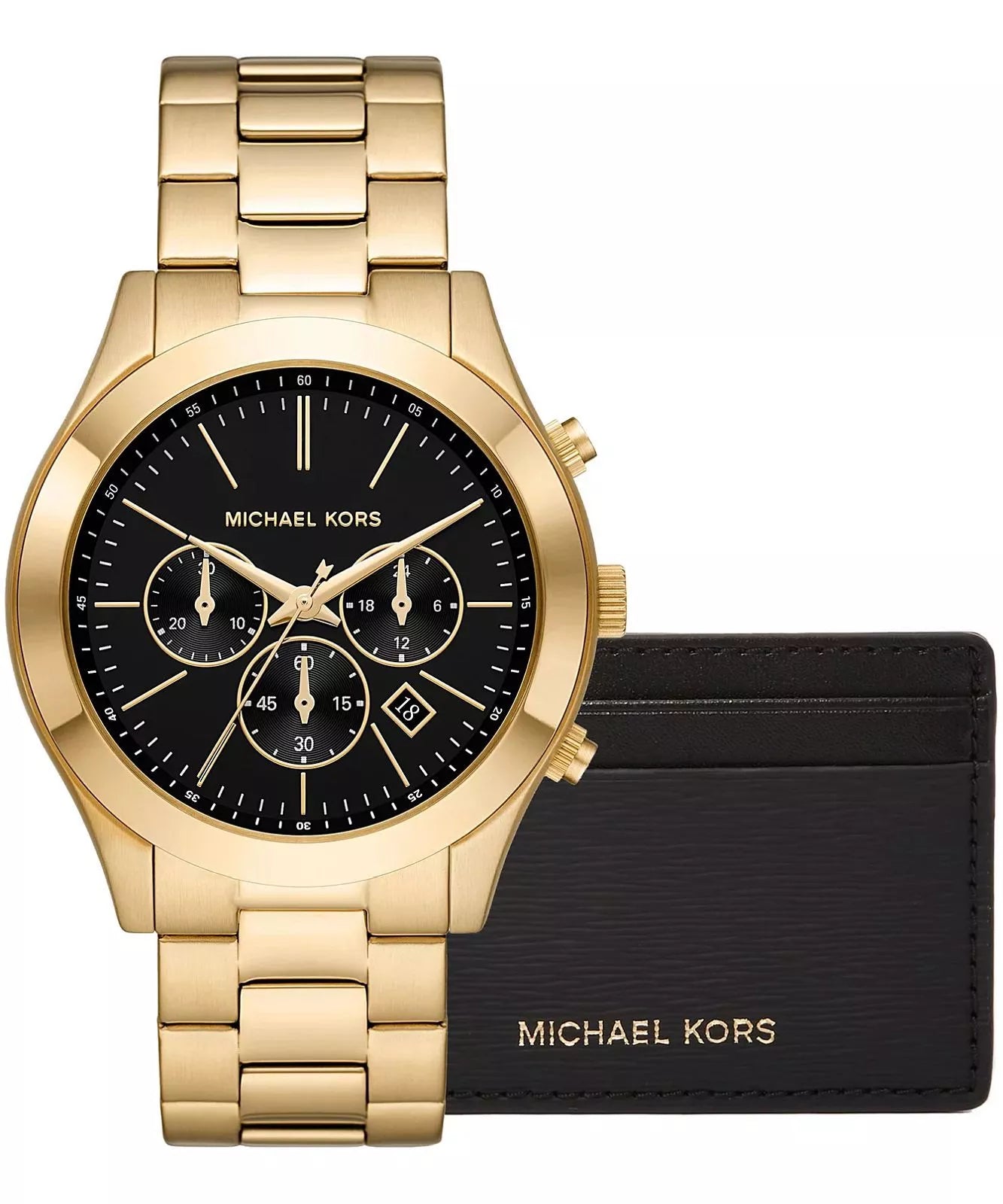 Michael Kors Slim Runway Gift Set MK1076 men's black dial gold-tone stainless steel chronograph watch front view