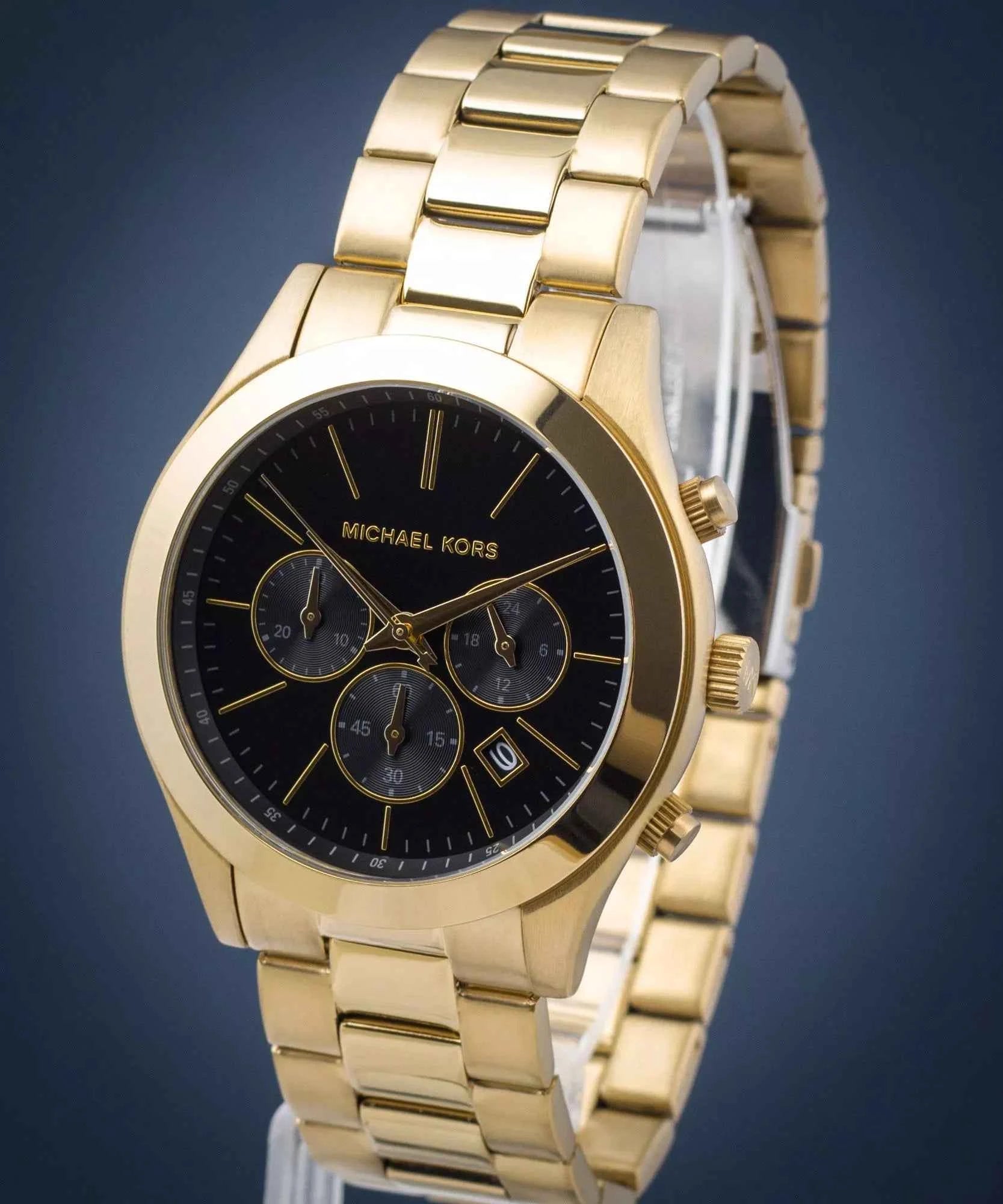 Michael Kors Slim Runway Gift Set MK1076 Men's Black Dial Gold-Tone Stainless Steel Chronograph Watch
