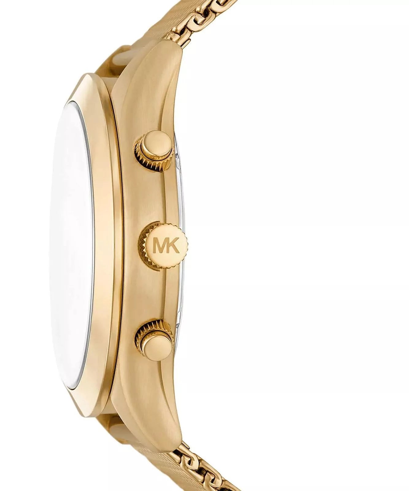 Side profile of Michael Kors Slim Runway MK9057 gold stainless steel mesh watch