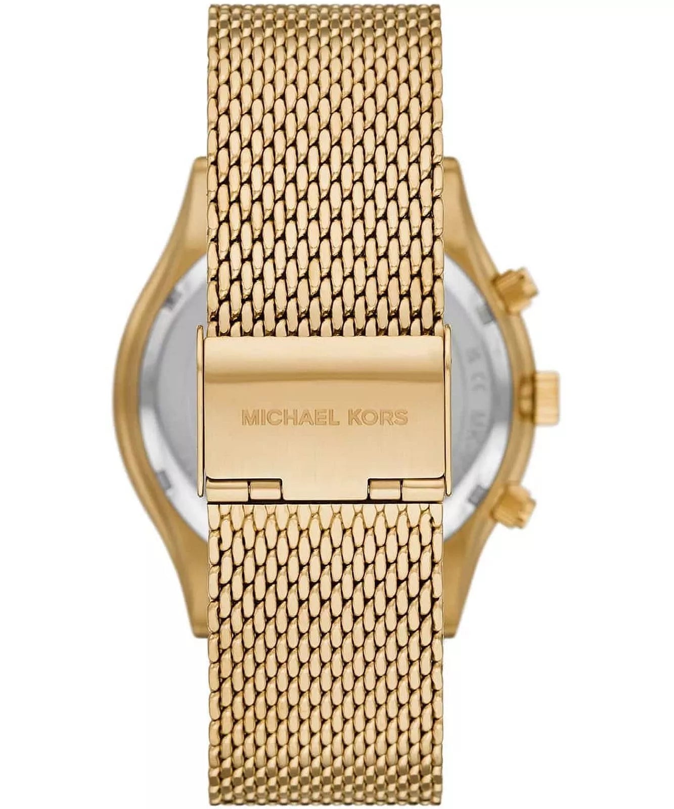Back case of Michael Kors MK9057 quartz chronograph gold mesh wristwatch