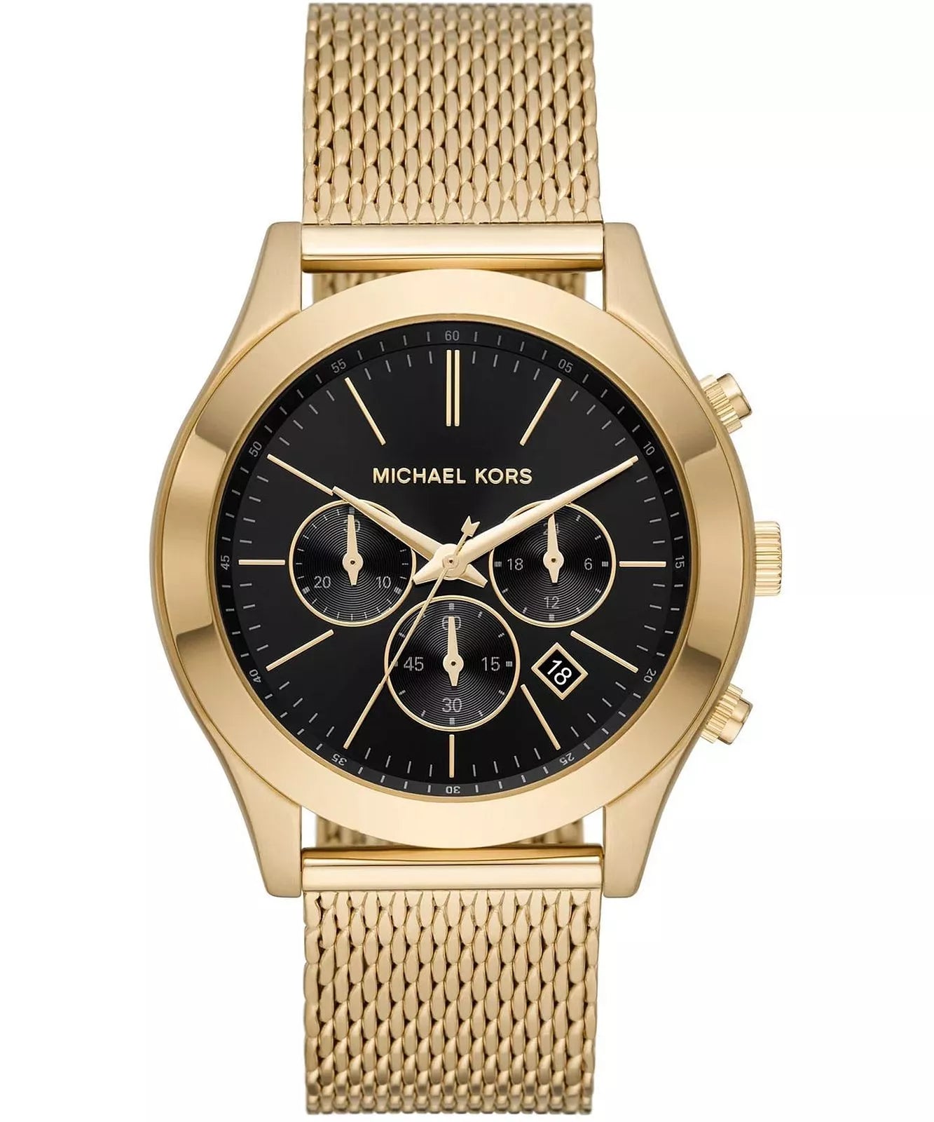 Michael Kors Slim Runway MK9057 men's black dial gold mesh chronograph watch front view
