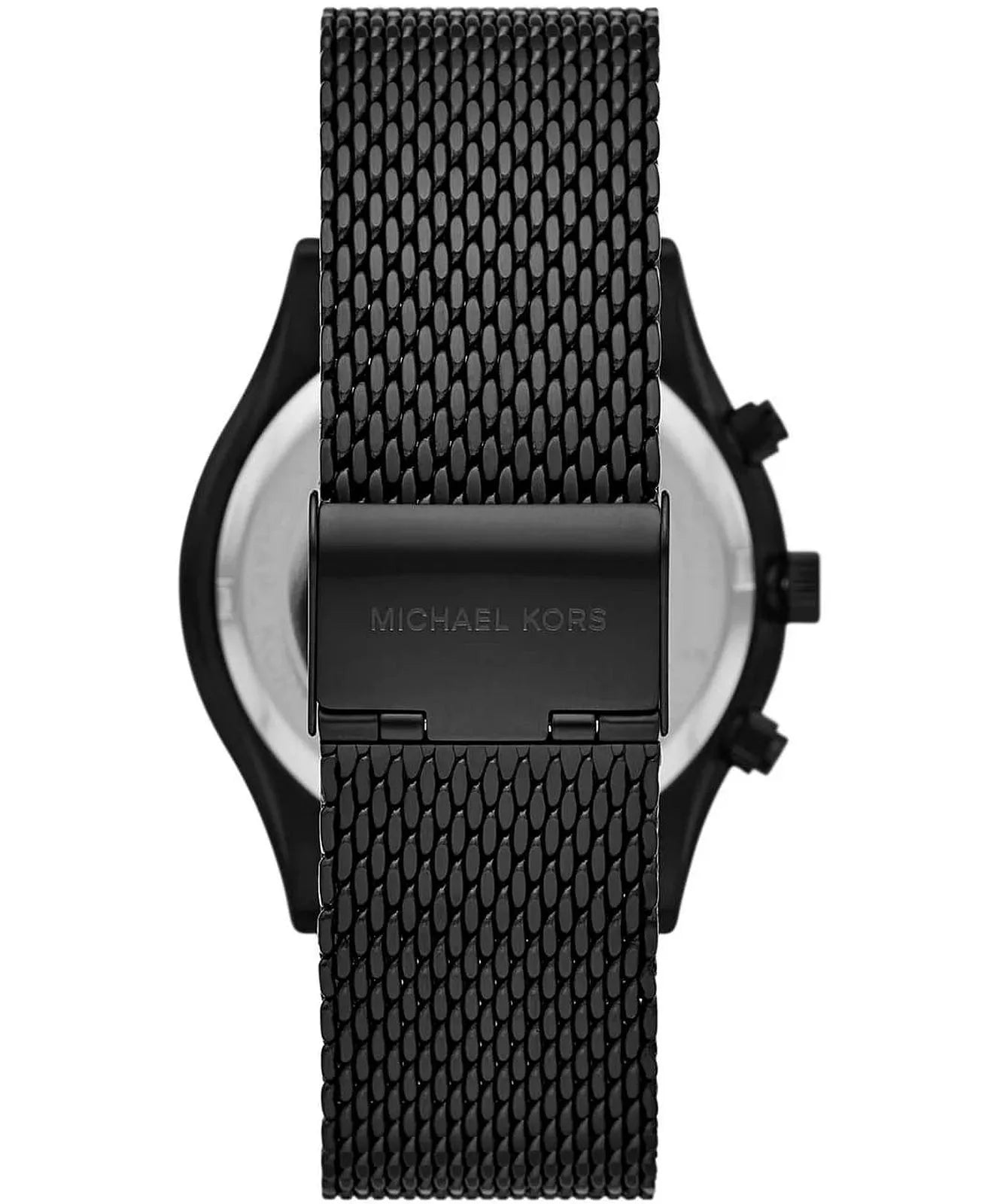 Back case of Michael Kors MK9060 quartz chronograph black mesh wristwatch