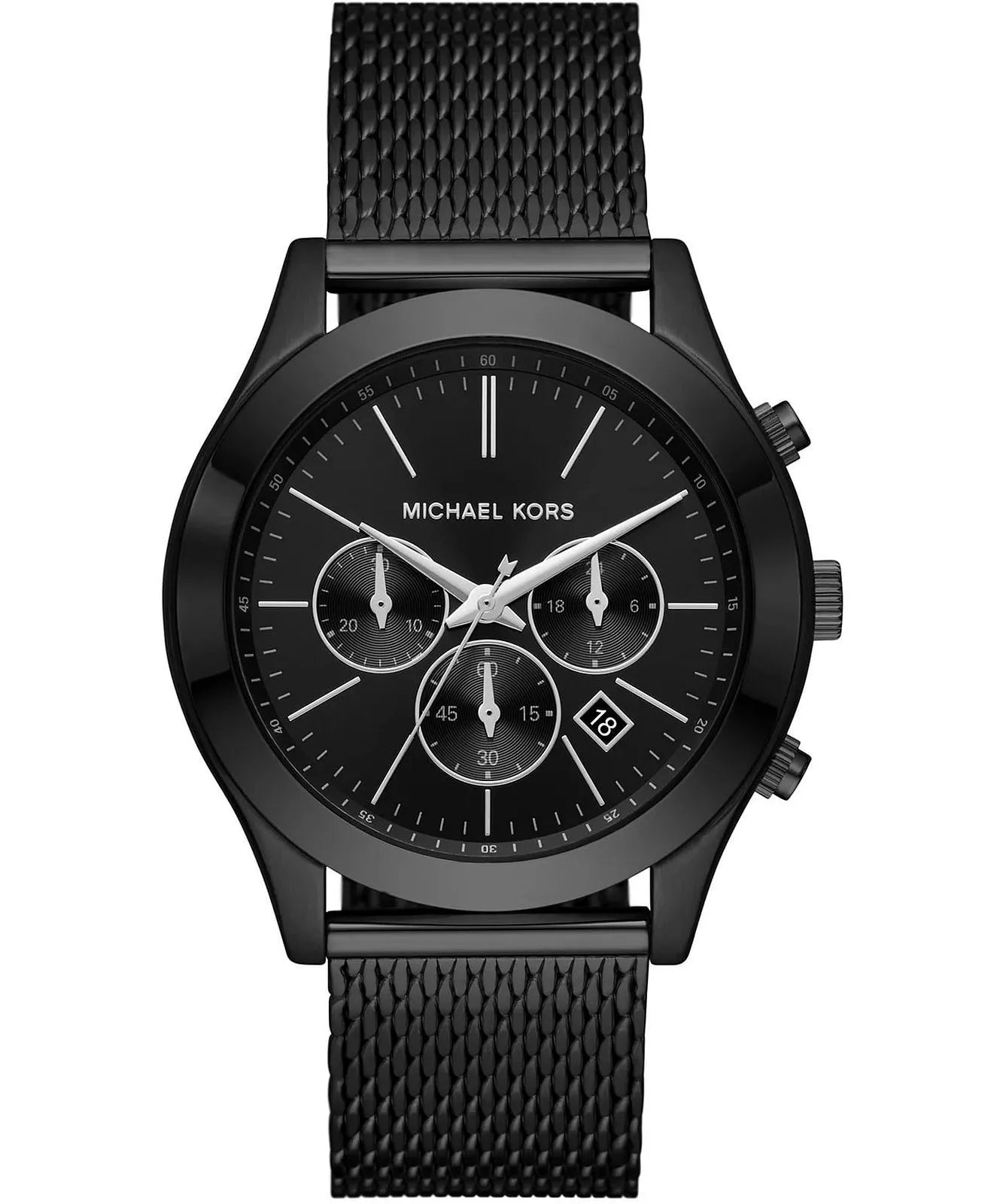 Michael Kors Slim Runway MK9060 men's black dial black mesh chronograph watch front view