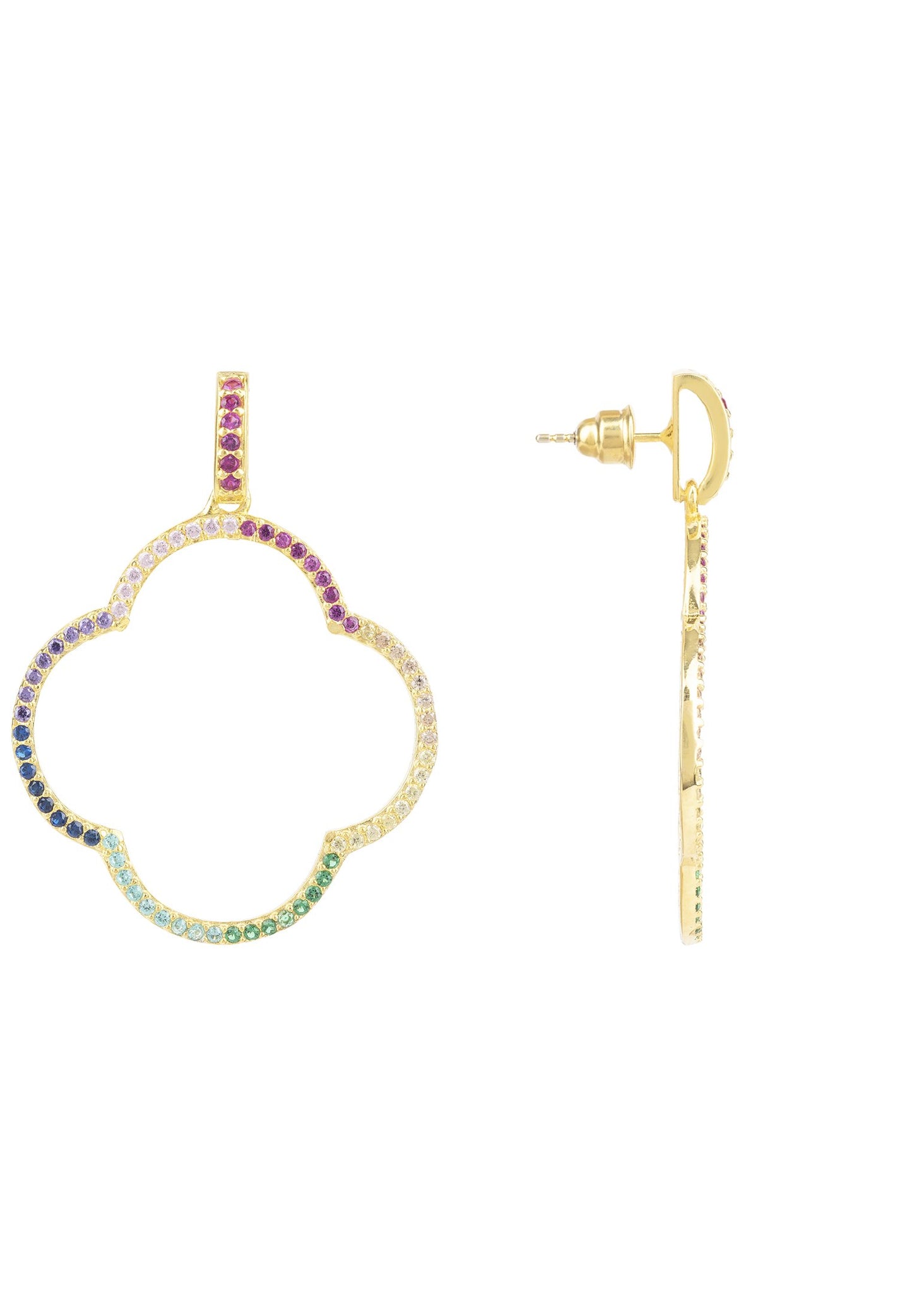 Open Clover Large Drop Earrings Gold Rainbow CZ
