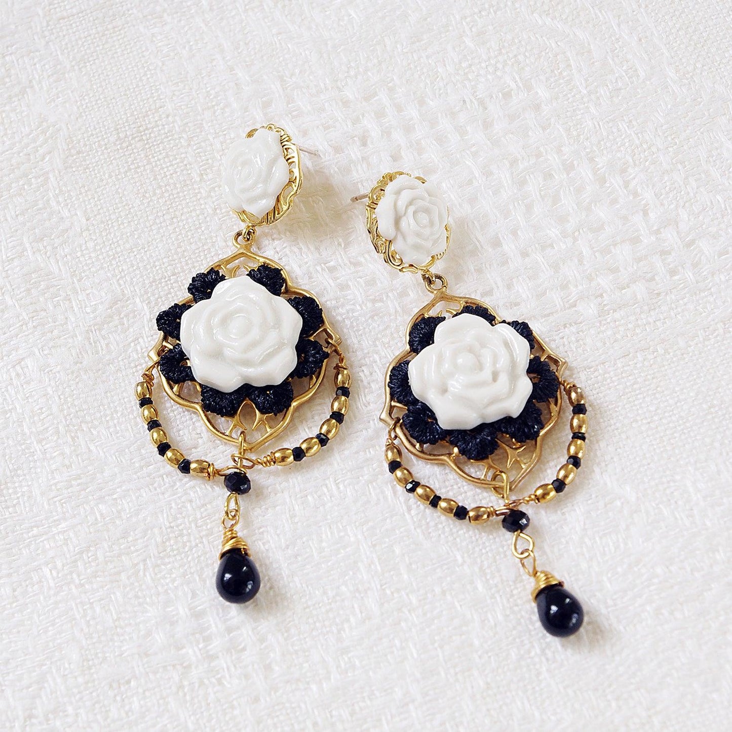 Classic Baroque Porcelain Rose Statement Earrings - Luxverse