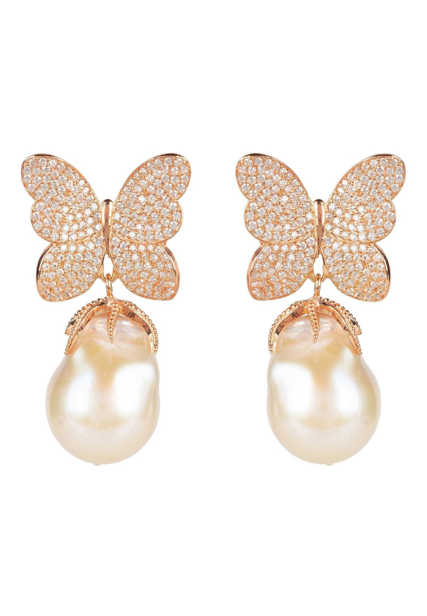 Baroque Pearl White Butterfly Earring Rosegold - Luxverse