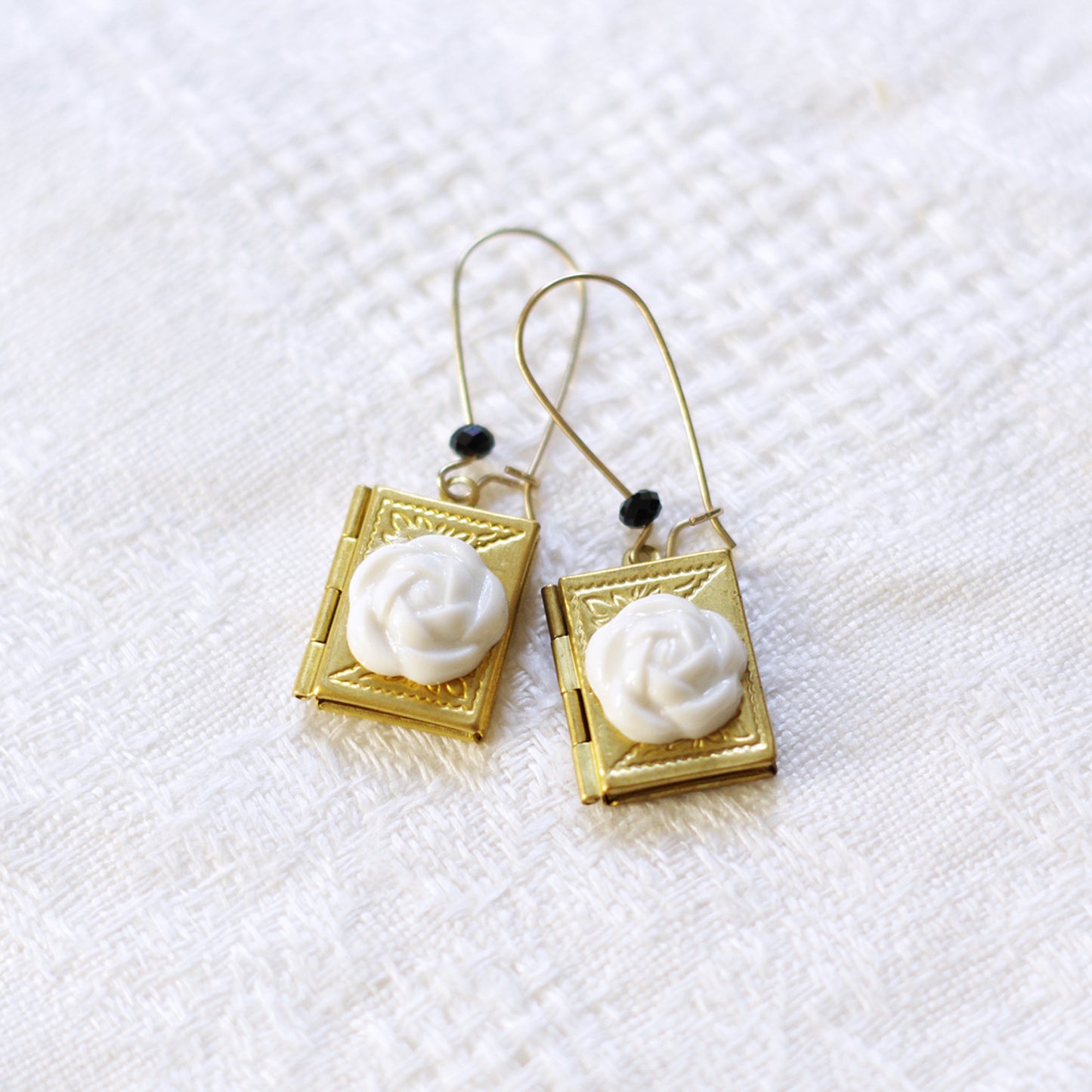 Porcelain Camellia Yellow Brass Book Locket Earrings Porcelain Camellia Yellow Brass Book Locket Earrings Porcelain Camelli