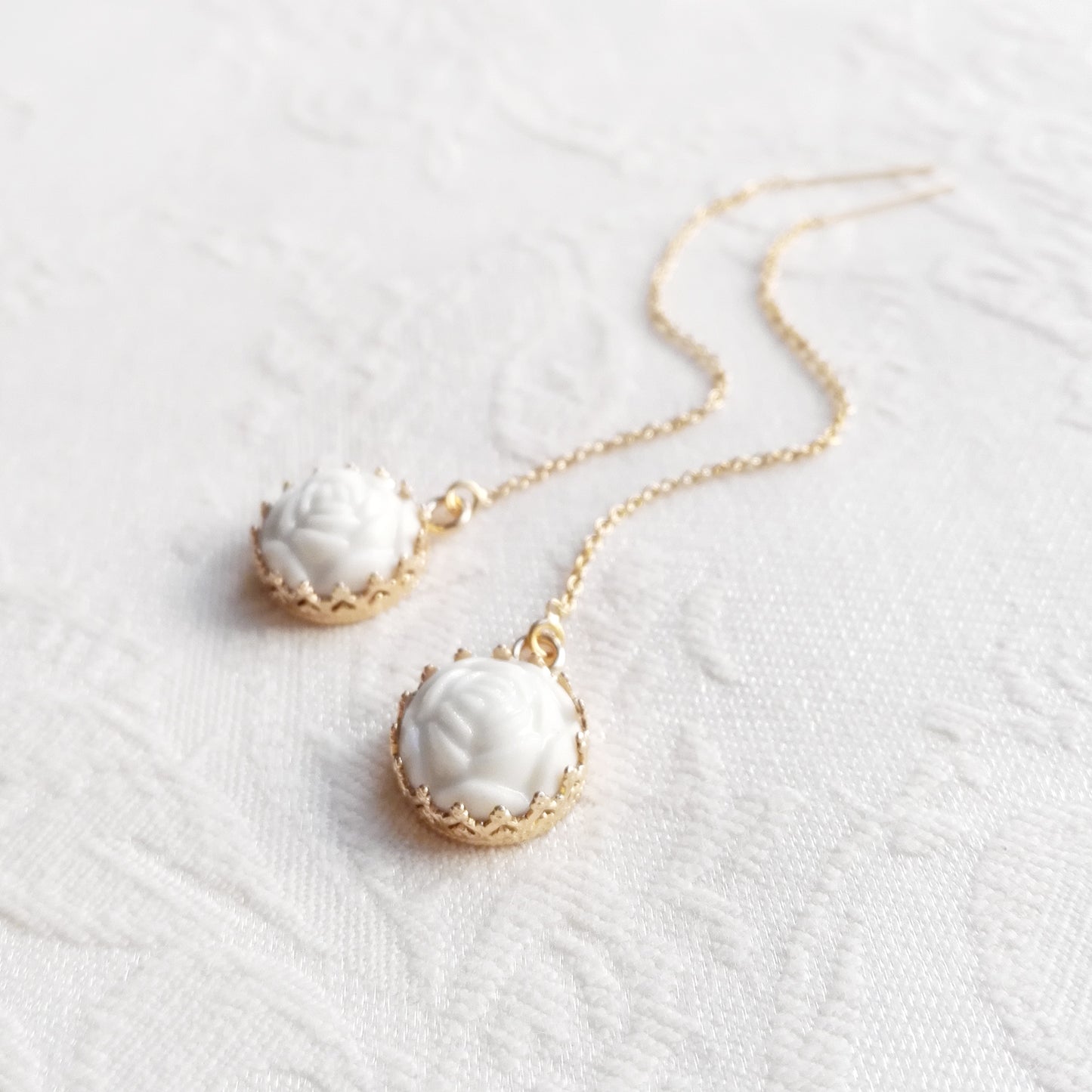 Mini Porcelain Rose With Gold-Filled Chain Earrings