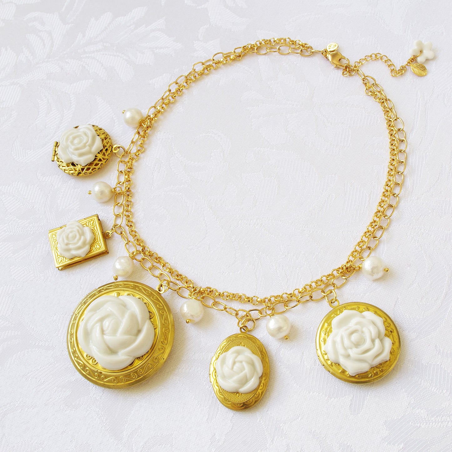 Porcelain Floral Lockets Statement Necklace