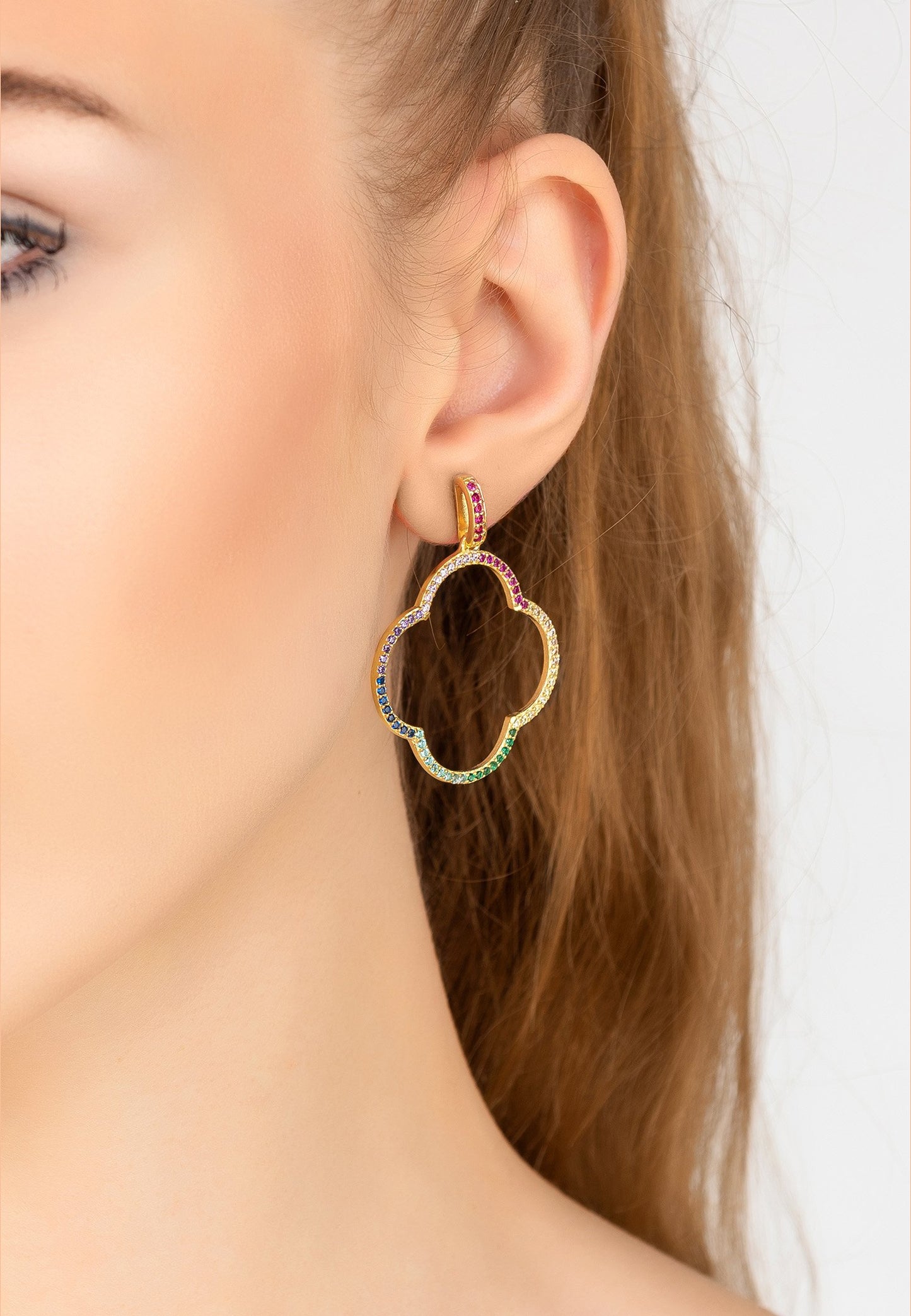 Open Clover Large Drop Earrings Gold Rainbow CZ