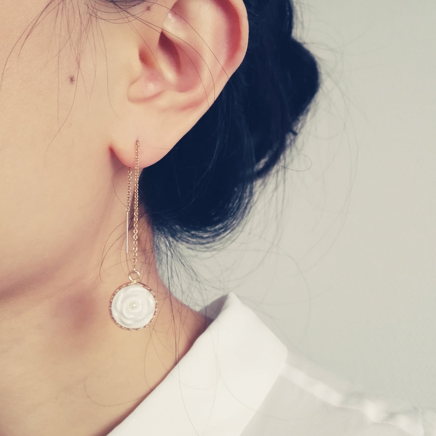 Porcelain Rose With Pearl Gold-Filled Chain Earrings