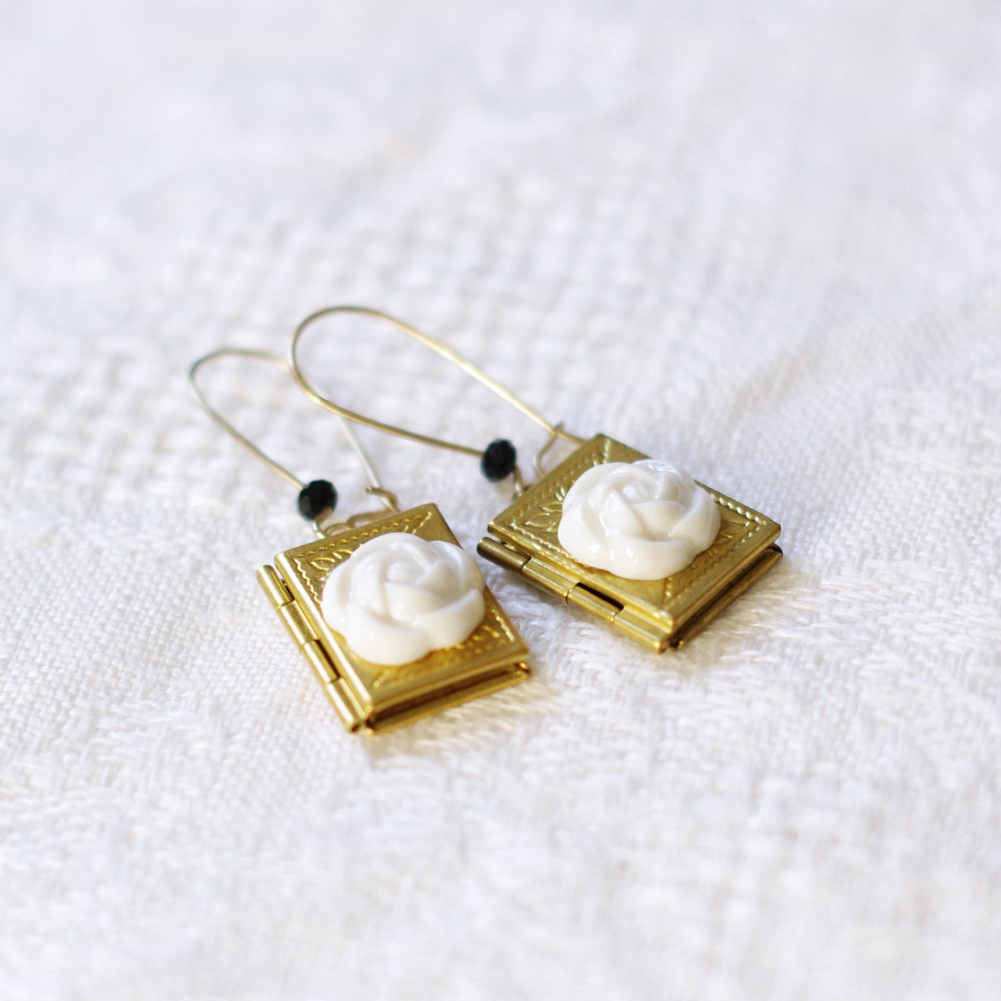 Porcelain Camellia Yellow Brass Book Locket Earrings Porcelain Camellia Yellow Brass Book Locket Earrings Porcelain Camelli